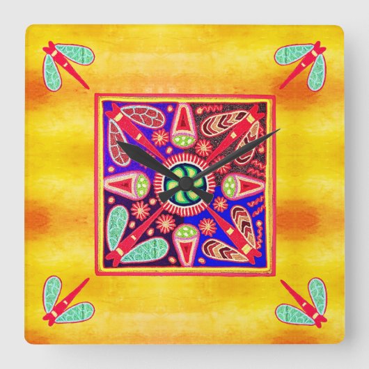 メキシコのヒューコール黄金と紫のアートパターン スクエア壁時計 (正面)