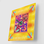 メキシコのヒューコール黄金と紫のアートパターン スクエア壁時計 (傾斜)