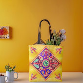 メキシコのヒューコール黄金と紫のアートパターン トートバッグ