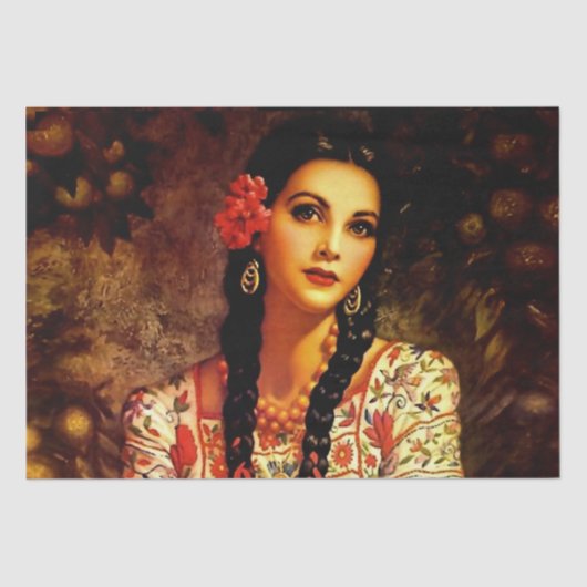 メキシコのビンテージ・ピンアップガール(長い三つ編みをした美女) 薄葉紙 (正面)