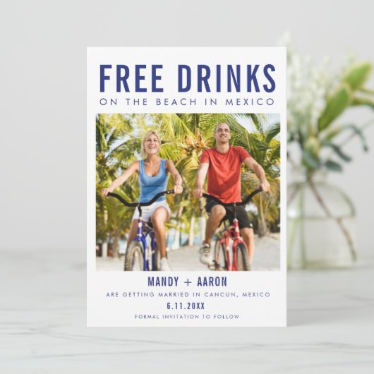 メキシコのビーチでの無料ドリンク デスティネーションウェディング セーブザデート (スタンド正面)