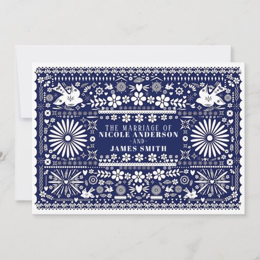 メキシコのピカドブルーホワイト紙結婚ズの結婚 招待状 (正面)