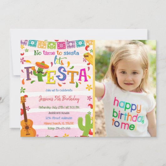 メキシコのピンクのフィエスタ誕生日招待状と写真 招待状 (正面)