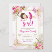 メキシコのピンクの蝶々（ちょう）フィエスタ花のベビーシャワー 招待状 (正面)