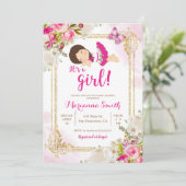メキシコのピンクの蝶々（ちょう）フィエスタ花のベビーシャワー 招待状 (スタンド正面)