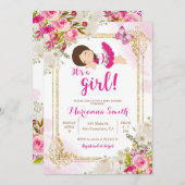 メキシコのピンクの蝶々（ちょう）フィエスタ花のベビーシャワー 招待状 (正面/裏面)