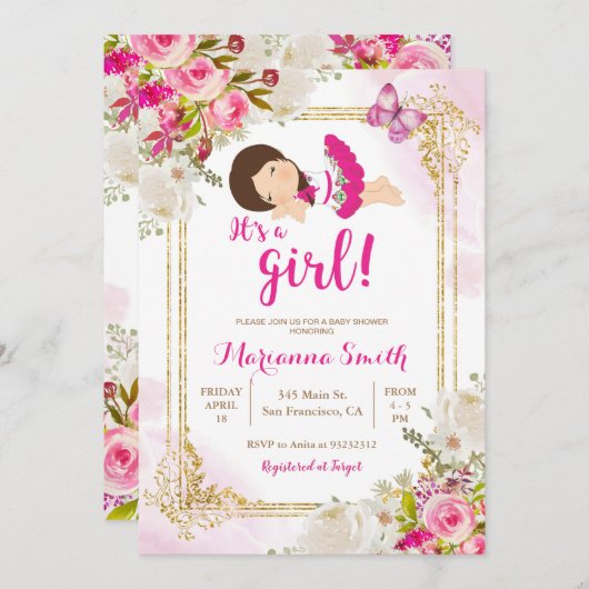 メキシコのピンクの蝶々（ちょう）フィエスタ花のベビーシャワー 招待状 (正面/裏面)