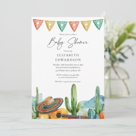 メキシコのフィエスタの水の色すべて1つの赤ちゃんシャワー 招待状 (スタンド正面)