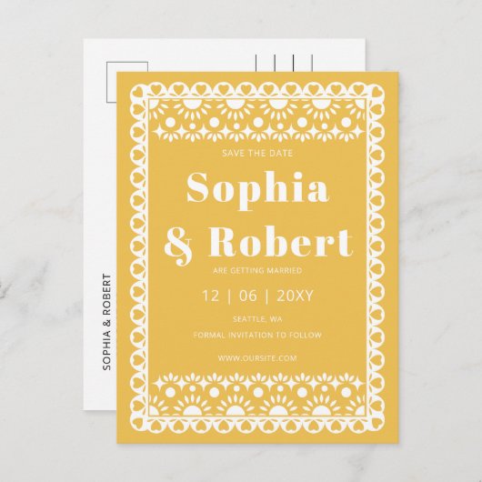 メキシコのフィエスタイエローパペルピカド日付を保存 案内ポストカード (正面/裏面)