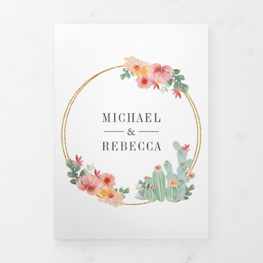 メキシコのフィエスタサボテン花コラージウェディング 三つ折り招待状 (カバー)