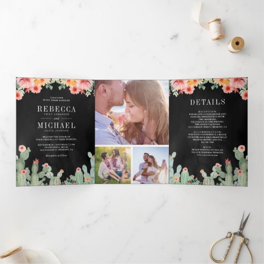 メキシコのフィエスタサボテン花コラージウェディング 三つ折り招待状 (内部)