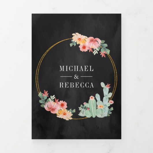 メキシコのフィエスタサボテン花コラージウェディング 三つ折り招待状 (カバー)