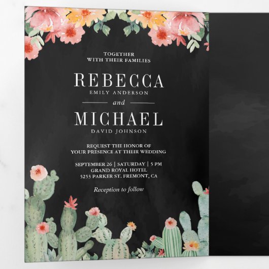 メキシコのフィエスタサボテン花コラージウェディング 三つ折り招待状 (内部最初)