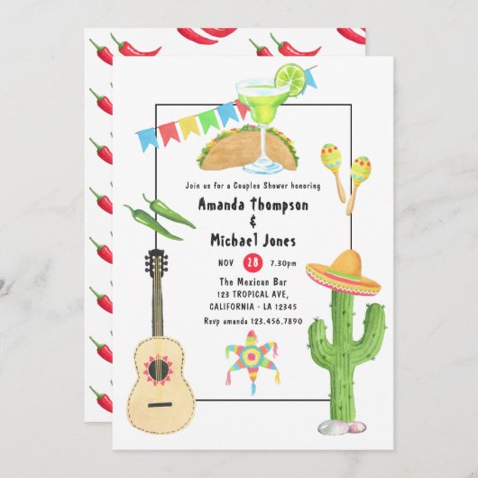 メキシコのフィエスタタコとテキーラのカップルのシャワー 招待状 (正面/裏面)