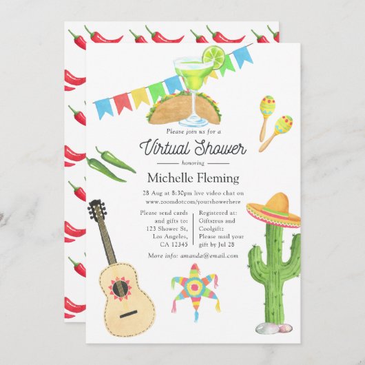 メキシコのフィエスタタコのバーチャルブライダルシャワー 招待状 (正面/裏面)