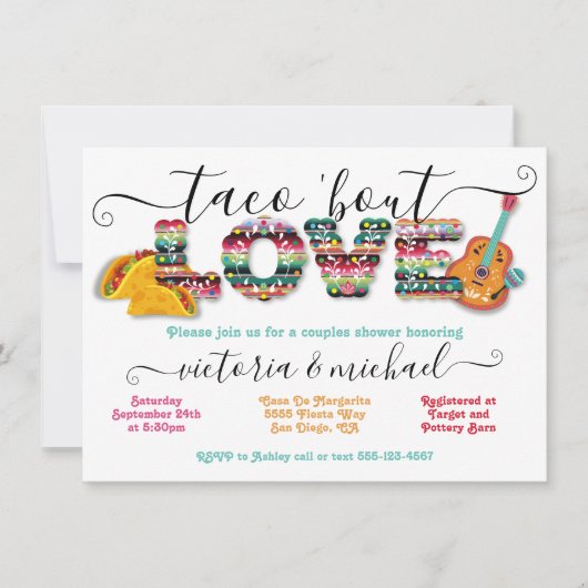 メキシコのフィエスタタコの恋カップルのシャワー 招待状 (正面)
