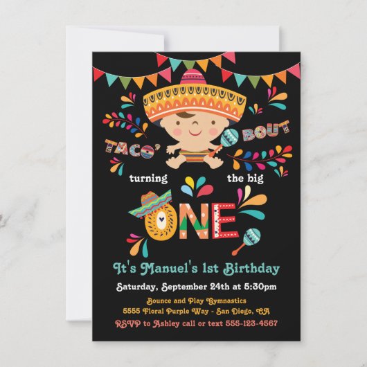 メキシコのフィエスタタコの誕生日1回 招待状 (正面)