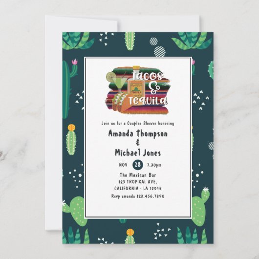 メキシコのフィエスタタコスとテキーラのカップルのシャワー 招待状 (正面)