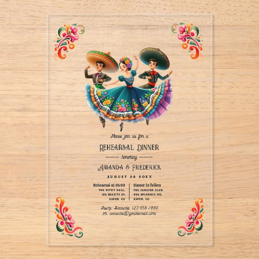 メキシコのフィエスタフォークロリコのリハーサルディナー アクリル招待状 (正面)