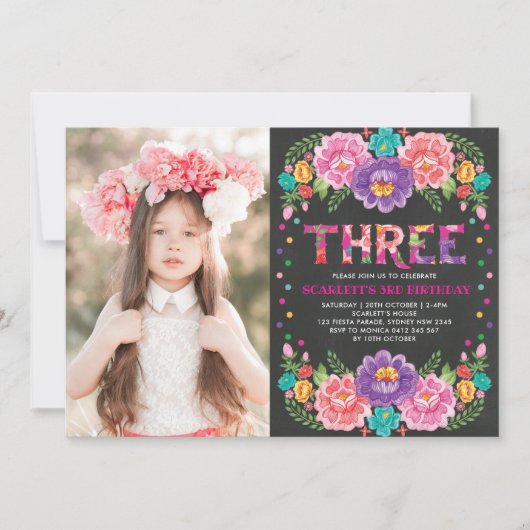 メキシコのフィエスタフラワーズ第3回女子誕生日写真 招待状 (正面)