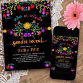 メキシコのフィエスタフローラブラックカラフル・ジェンダーの発表 招待状