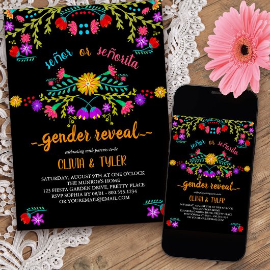メキシコのフィエスタフローラブラックカラフル・ジェンダーの発表 招待状
