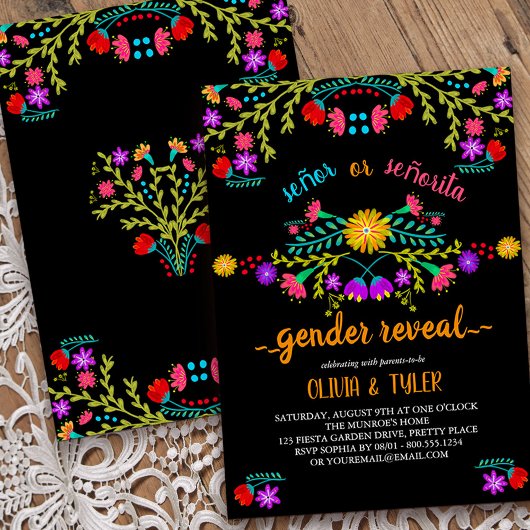 メキシコのフィエスタフローラブラックカラフル・ジェンダーの発表 招待状
