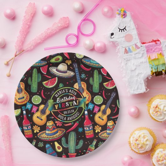 メキシコのフィエスタ任意大事な行事パターンブラックID1114 ペーパープレート (パーティー)