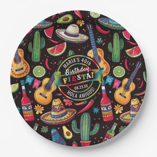 メキシコのフィエスタ任意大事な行事パターンブラックID1114 ペーパープレート (正面)