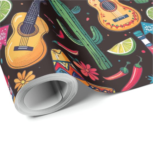 メキシコのフィエスタ任意大事な行事パターンブラックID1114 ラッピングペーパー (ロールコーナー)