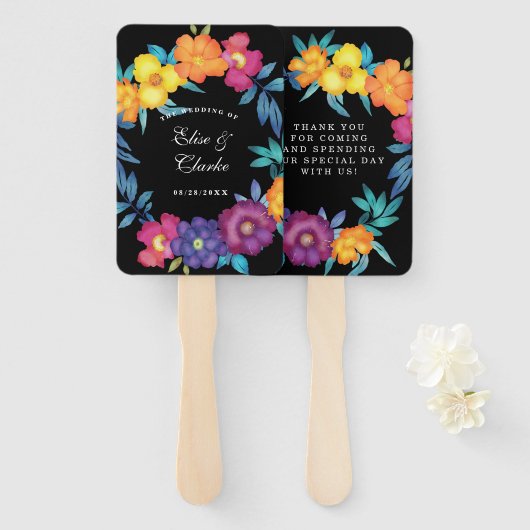 メキシコのフィエスタ鮮やかな水カラー花模様結婚ズ ハンドファン (正面&裏面)