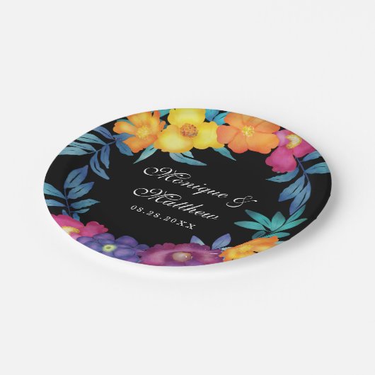 メキシコのフィエスタ鮮やかな水カラー花模様結婚ズ ペーパープレート (アングル)