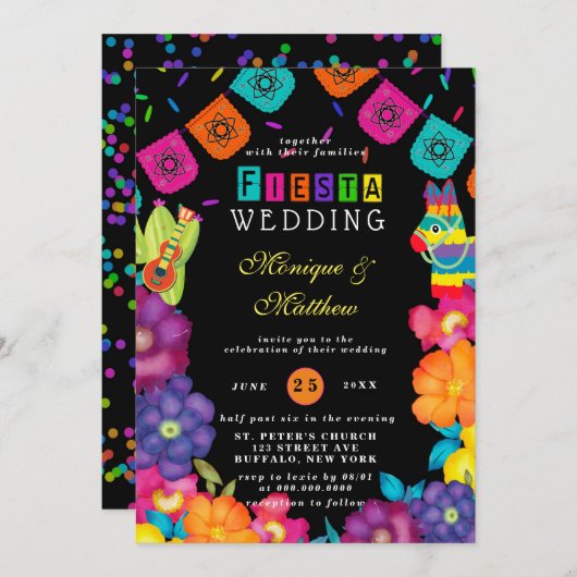メキシコのフィエスタ鮮やかな水カラー花模様結婚ズ 招待状 (正面/裏面)