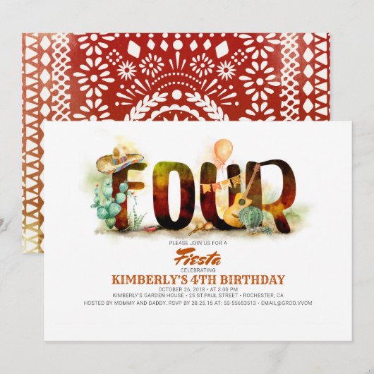 メキシコのフィエスタ キッズ 4歳の誕生日パーティー 招待状 (正面/裏面)