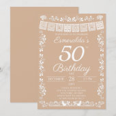 メキシコのフィエスタ ベージュ 50歳の誕生日パーティー招待状 招待状 (正面/裏面)