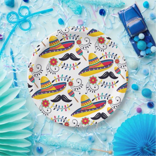 メキシコのフォークアートパターンソンブレロス、口ひげ ペーパープレート (パーティー)