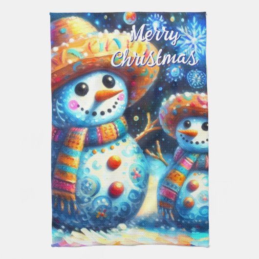 メキシコのフォークアート雪だるま雪だるま雪の人々 キッチンタオル (縦)
