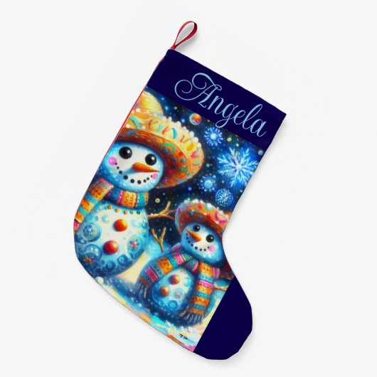 メキシコのフォークアート雪だるま雪だるま雪の人々 スモールクリスマスストッキング (正面 (吊り時))