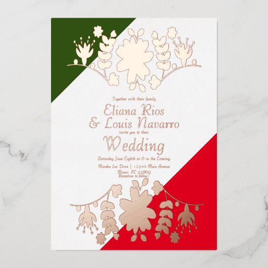 メキシコのフォークフローラハート結婚レッドのプレス 箔招待状 (正面)