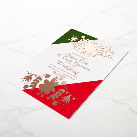 メキシコのフォークフローラハート結婚レッドのプレス 箔招待状 (回転した状態)