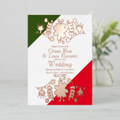 メキシコのフォークフローラハート結婚レッドのプレス 箔招待状 (立ち正面)