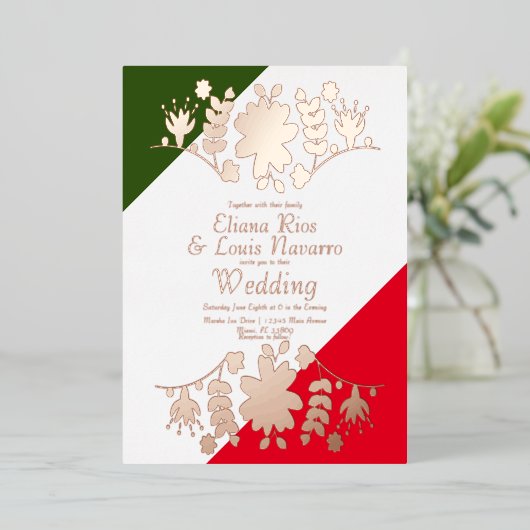メキシコのフォークフローラハート結婚レッドのプレス 箔招待状 (立ち正面)