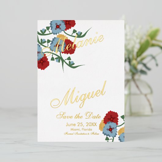 メキシコのフローラアンパサンド圧縮日の保存 箔招待状 (立ち正面)