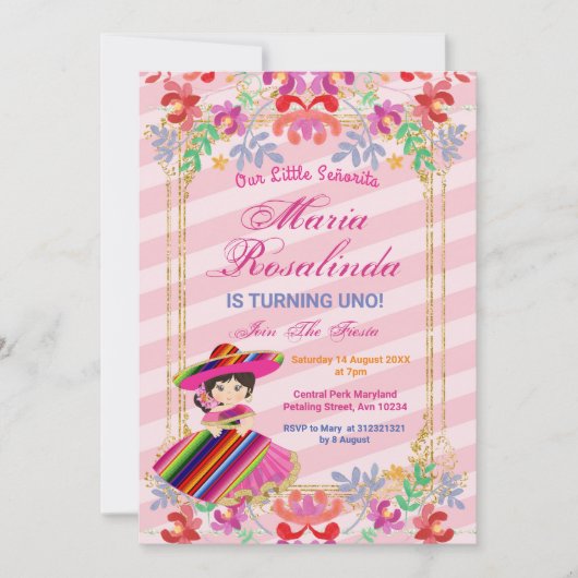 メキシコのフローラガール·フィエスタ1歳の誕生日  招待状 (正面)