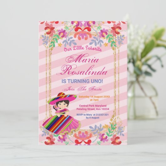 メキシコのフローラガール·フィエスタ1歳の誕生日 招待状 (スタンド正面)