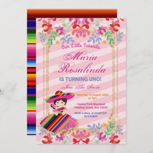 メキシコのフローラガール·フィエスタ1歳の誕生日  招待状 (正面/裏面)