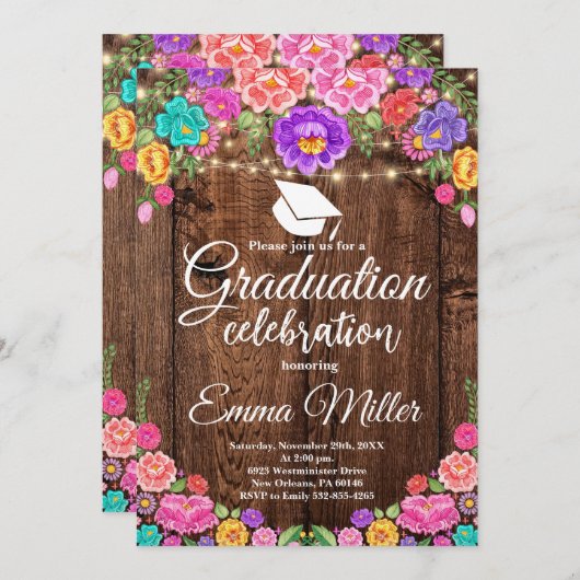 メキシコのフローラストリングライト卒業 招待状 (正面/裏面)