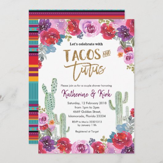 メキシコのフローラタコスとチュタスのカップルシャワー 招待状 (正面/裏面)
