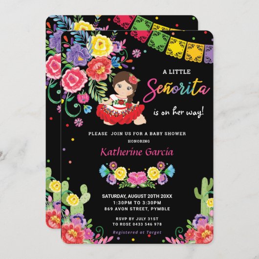 メキシコのフローラ小さなセノリタの女の子の赤ちゃんシャワー 招待状 (正面/裏面)