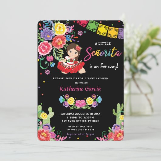 メキシコのフローラ小さなセノリタの女の子の赤ちゃんシャワー 招待状 (スタンド正面)